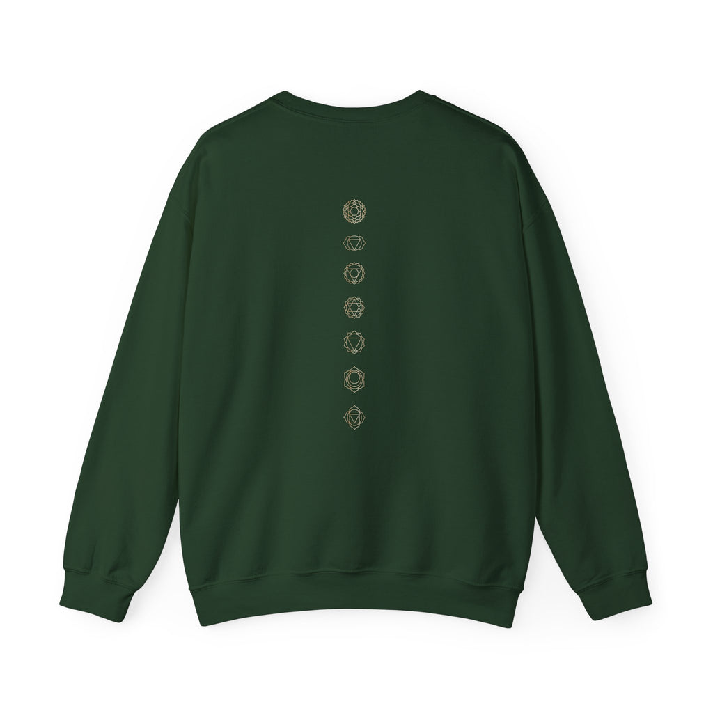 Back of a crewneck showing seven chakra symbols down the spine