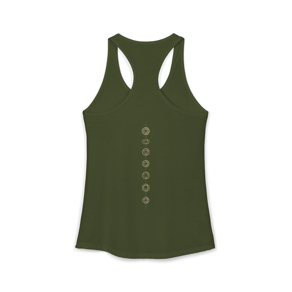 Back of a racerback tank showing seven chakra symbols down the spine