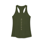 Back of a racerback tank showing seven chakra symbols down the spine
