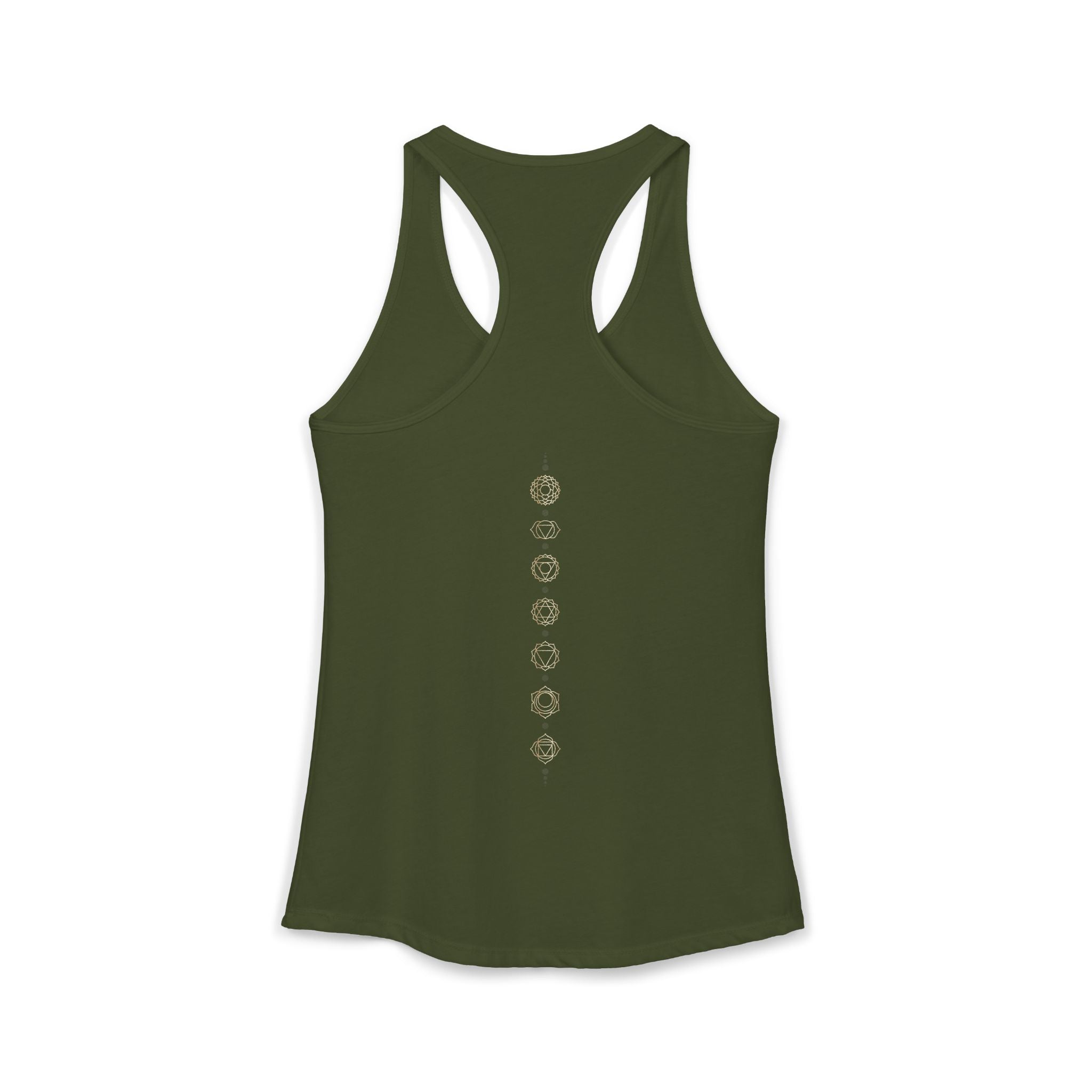 Back of a racerback tank showing seven chakra symbols down the spine