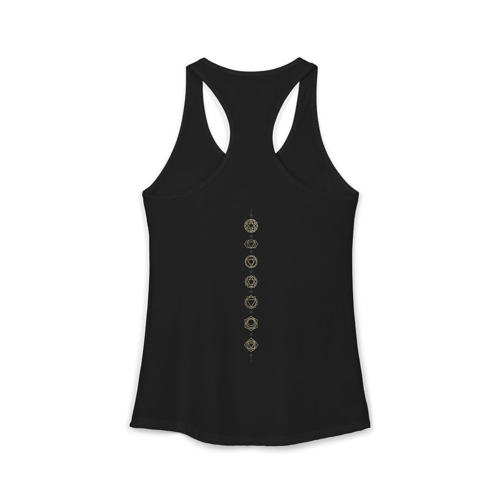 Back of a racerback tank showing seven chakra symbols down the spine