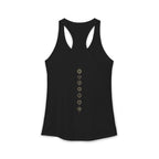 Back of a racerback tank showing seven chakra symbols down the spine