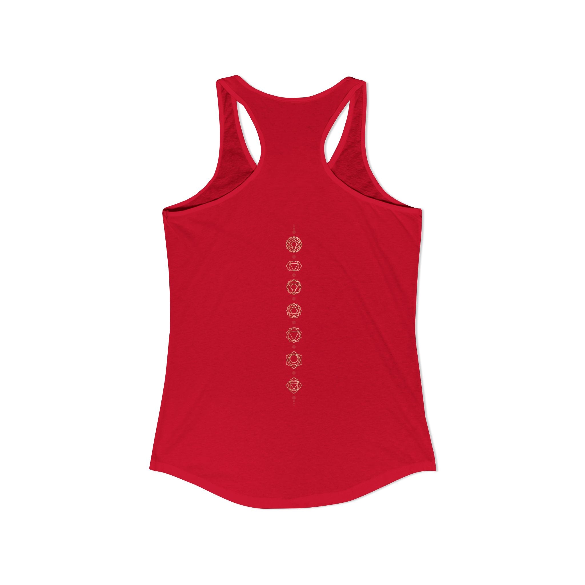 Back of a racerback tank showing seven chakra symbols down the spine