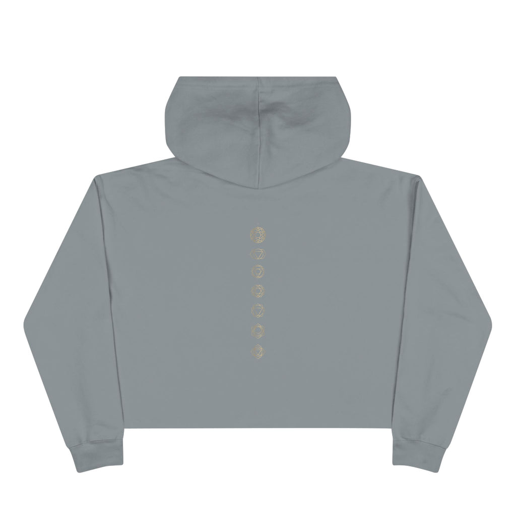 Back of a crop hoodie showing seven chakra symbols down the spine