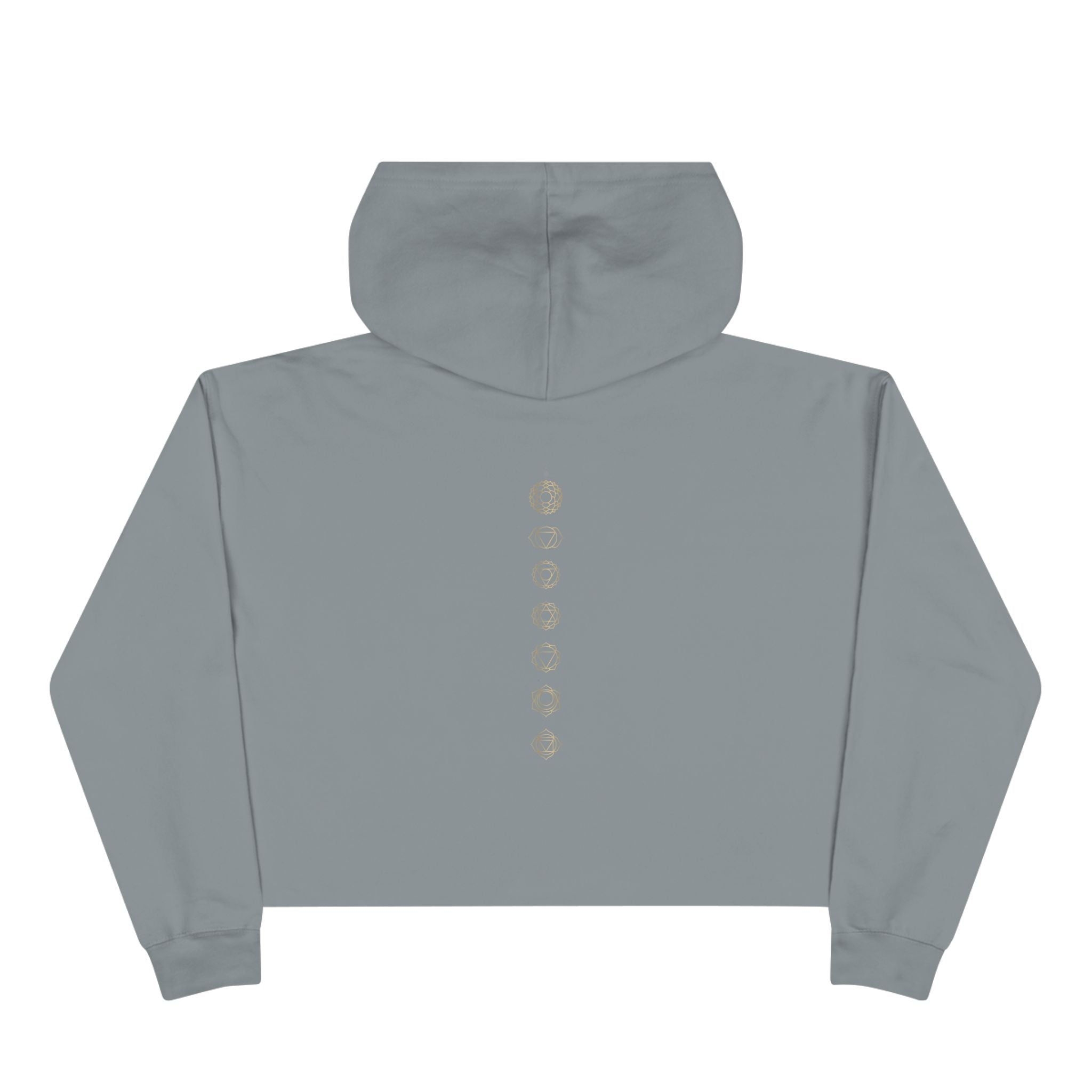 Back of a crop hoodie showing seven chakra symbols down the spine