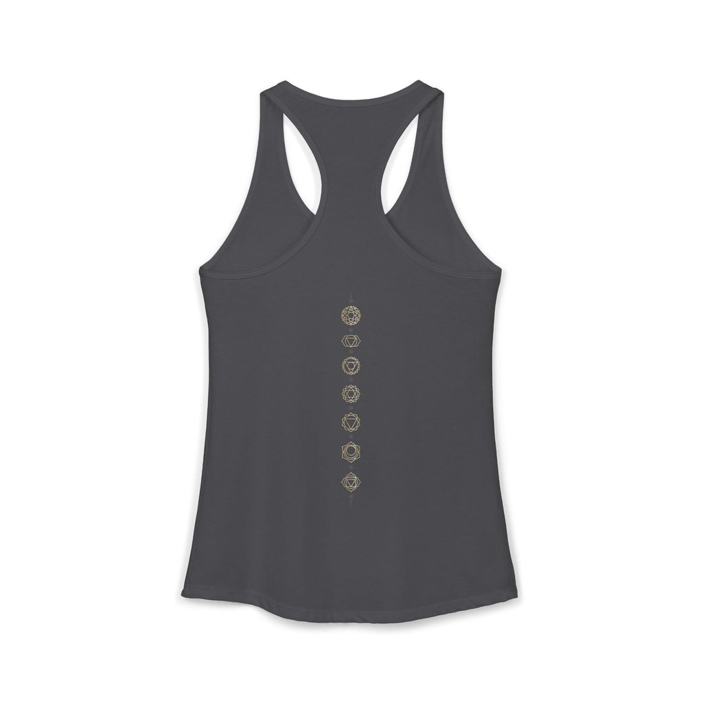 Back of a racerback tank showing seven chakra symbols down the spine