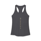 Back of a racerback tank showing seven chakra symbols down the spine