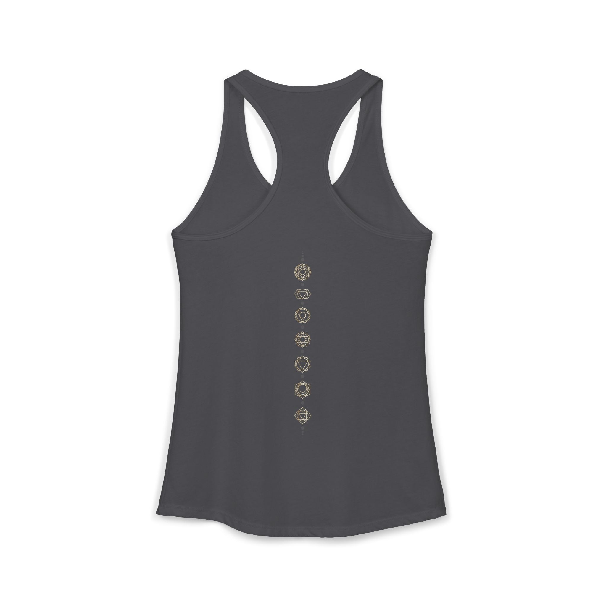 Back of a racerback tank showing seven chakra symbols down the spine