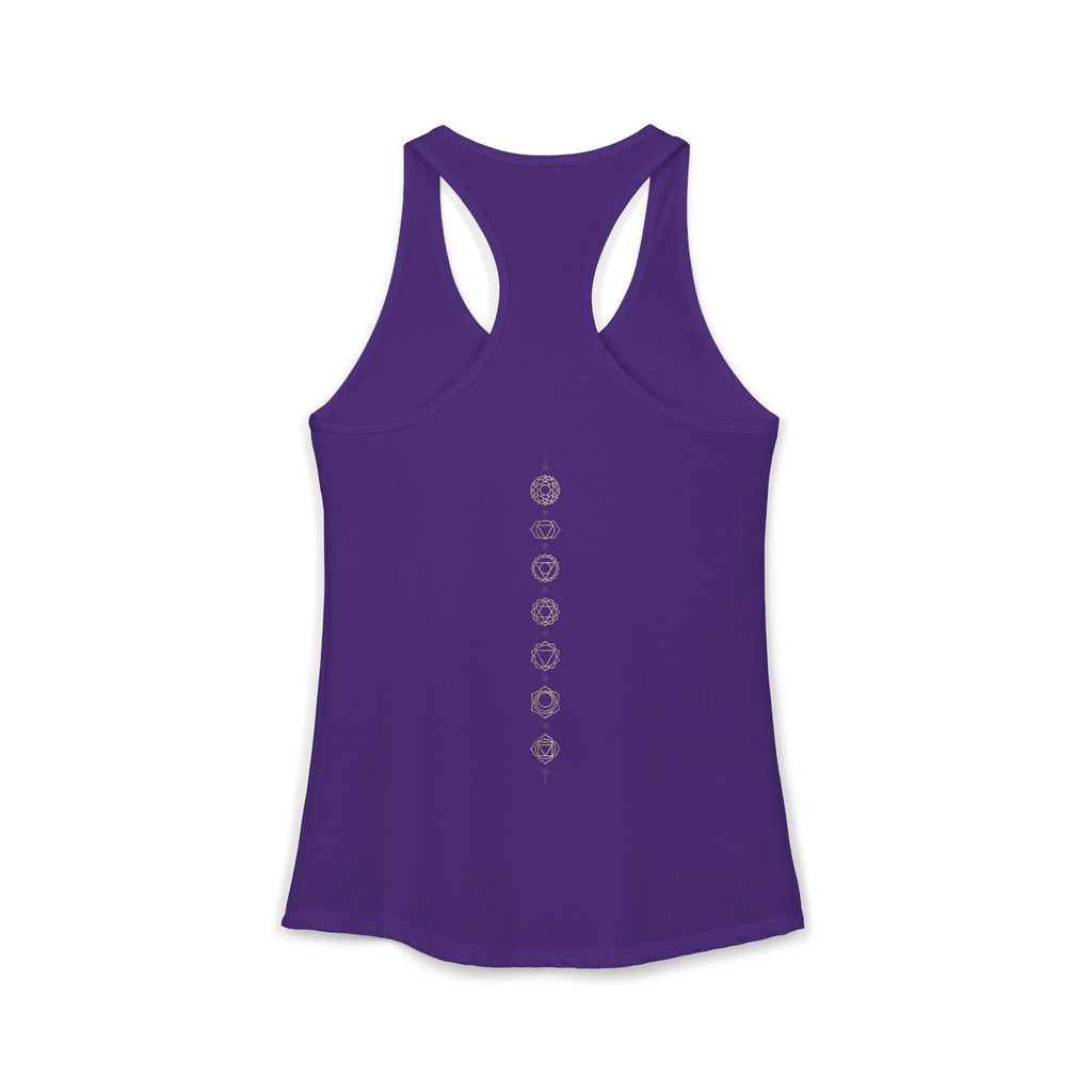 Back of a racerback tank showing seven chakra symbols down the spine