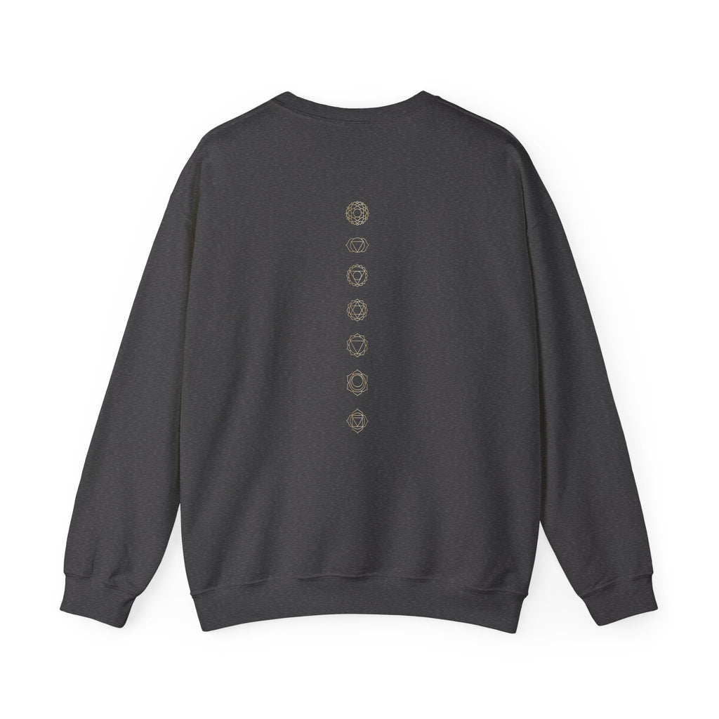 Back of a crewneck showing seven chakra symbols down the spine