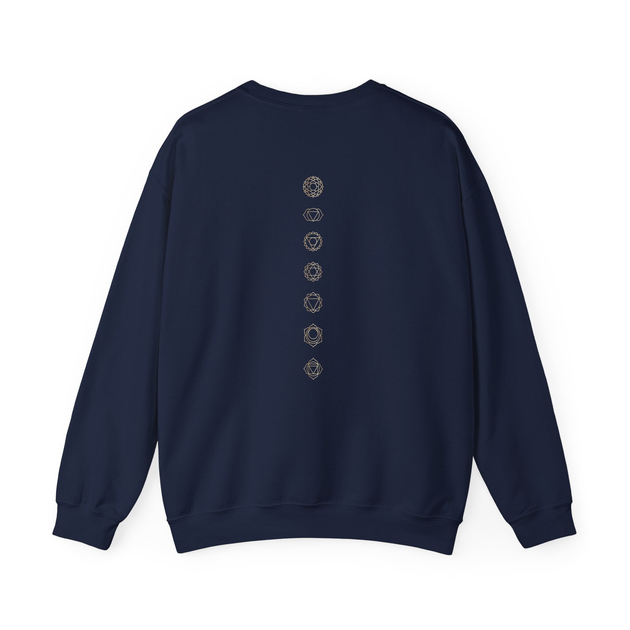 Back of a crewneck showing seven chakra symbols down the spine