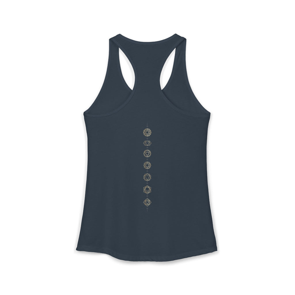 Back of a racerback tank showing seven chakra symbols down the spine
