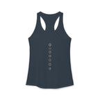 Back of a racerback tank showing seven chakra symbols down the spine