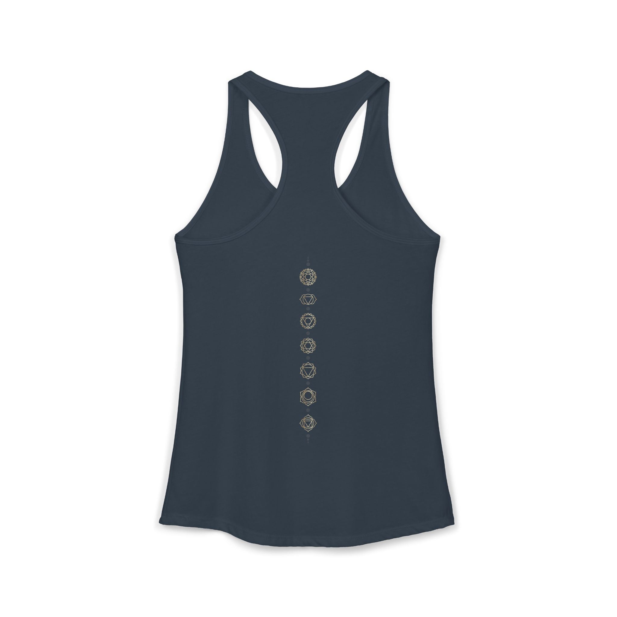 Back of a racerback tank showing seven chakra symbols down the spine