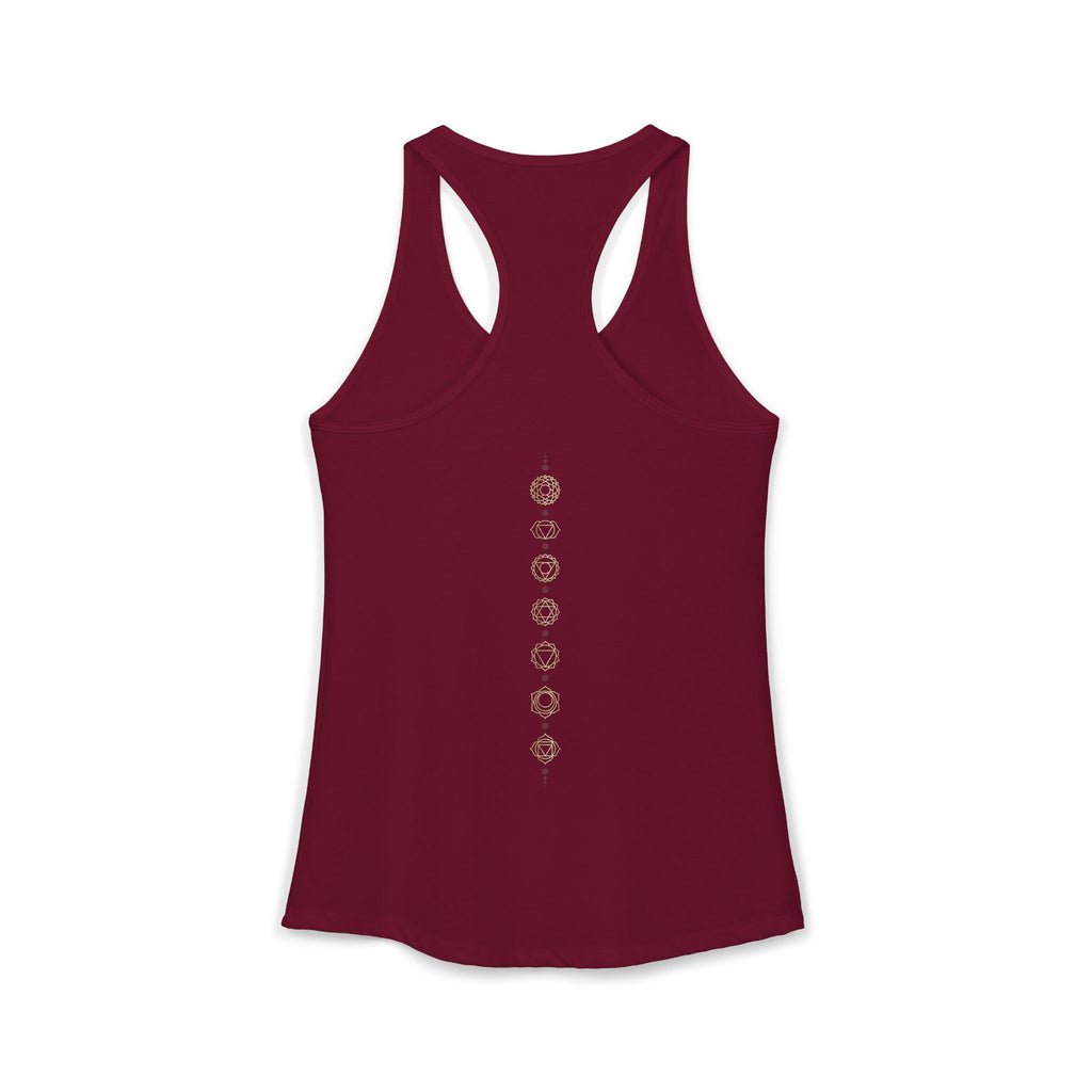 Back of a racerback tank showing seven chakra symbols down the spine