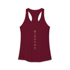 Back of a racerback tank showing seven chakra symbols down the spine
