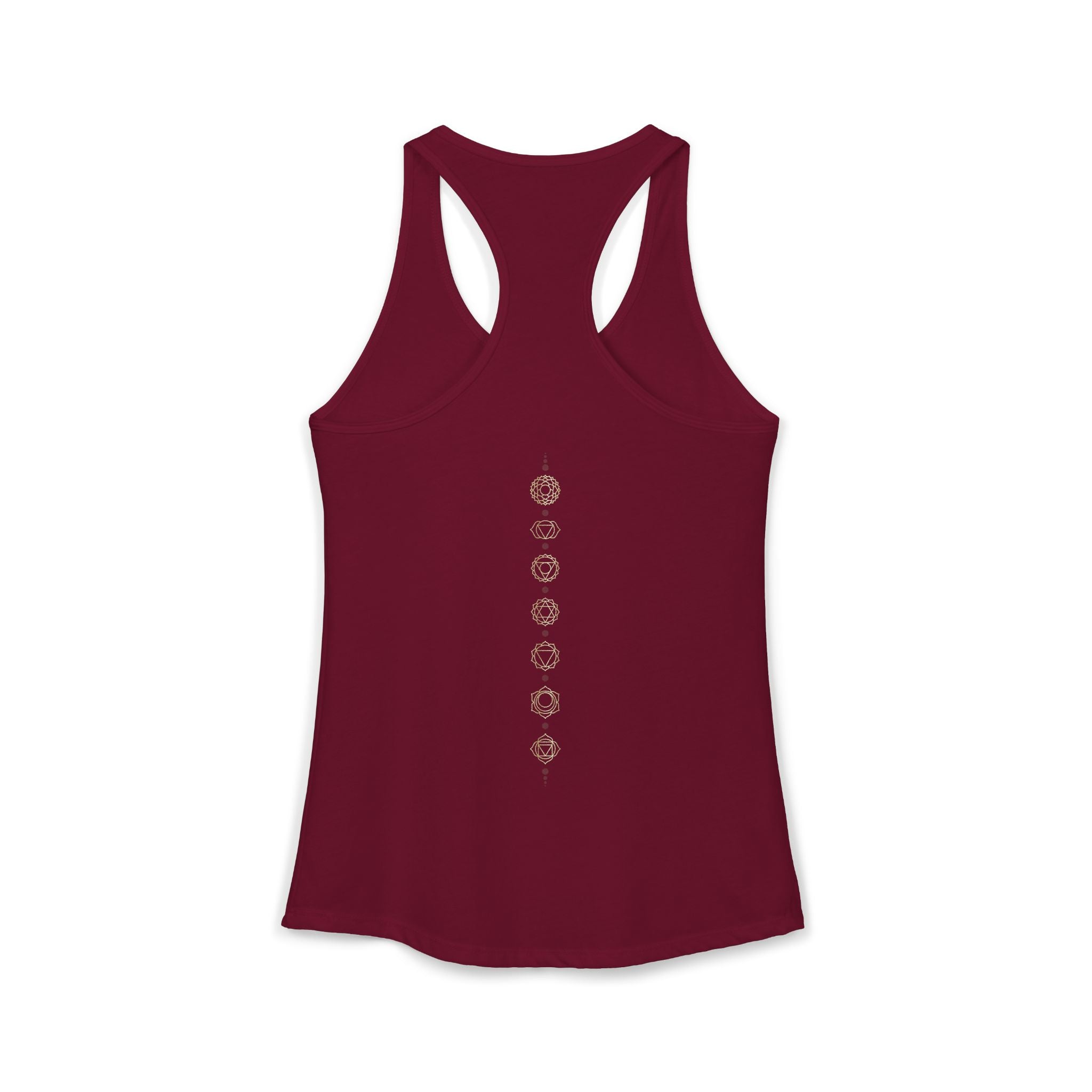 Back of a racerback tank showing seven chakra symbols down the spine