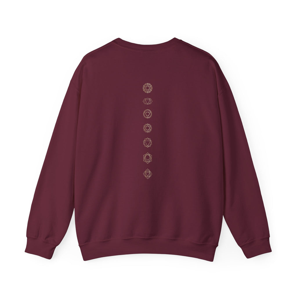 Back of a crewneck showing seven chakra symbols down the spine