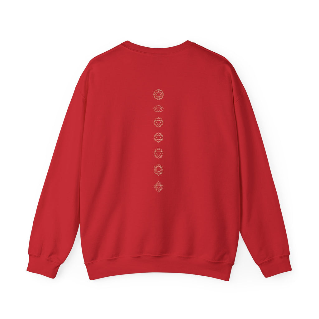Back of a crewneck showing seven chakra symbols down the spine