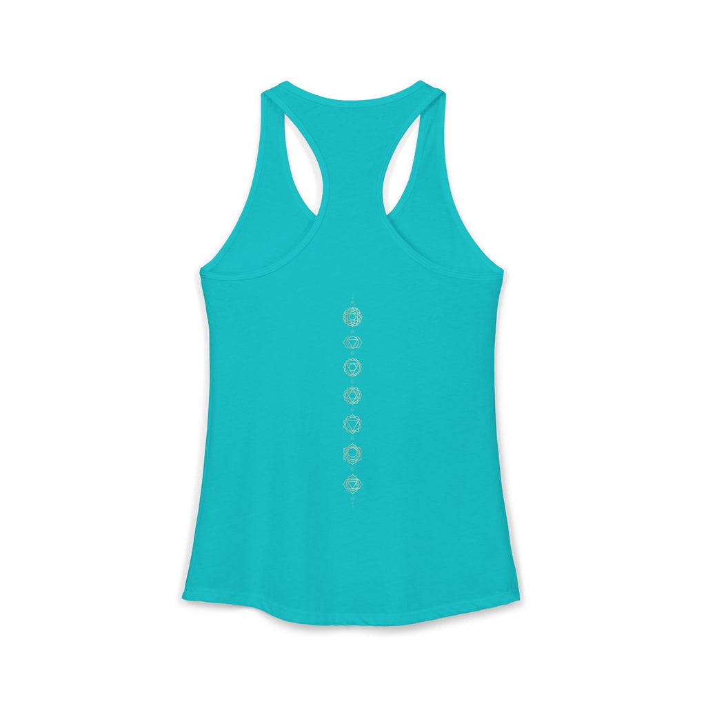 Back of a racerback tank showing seven chakra symbols down the spine