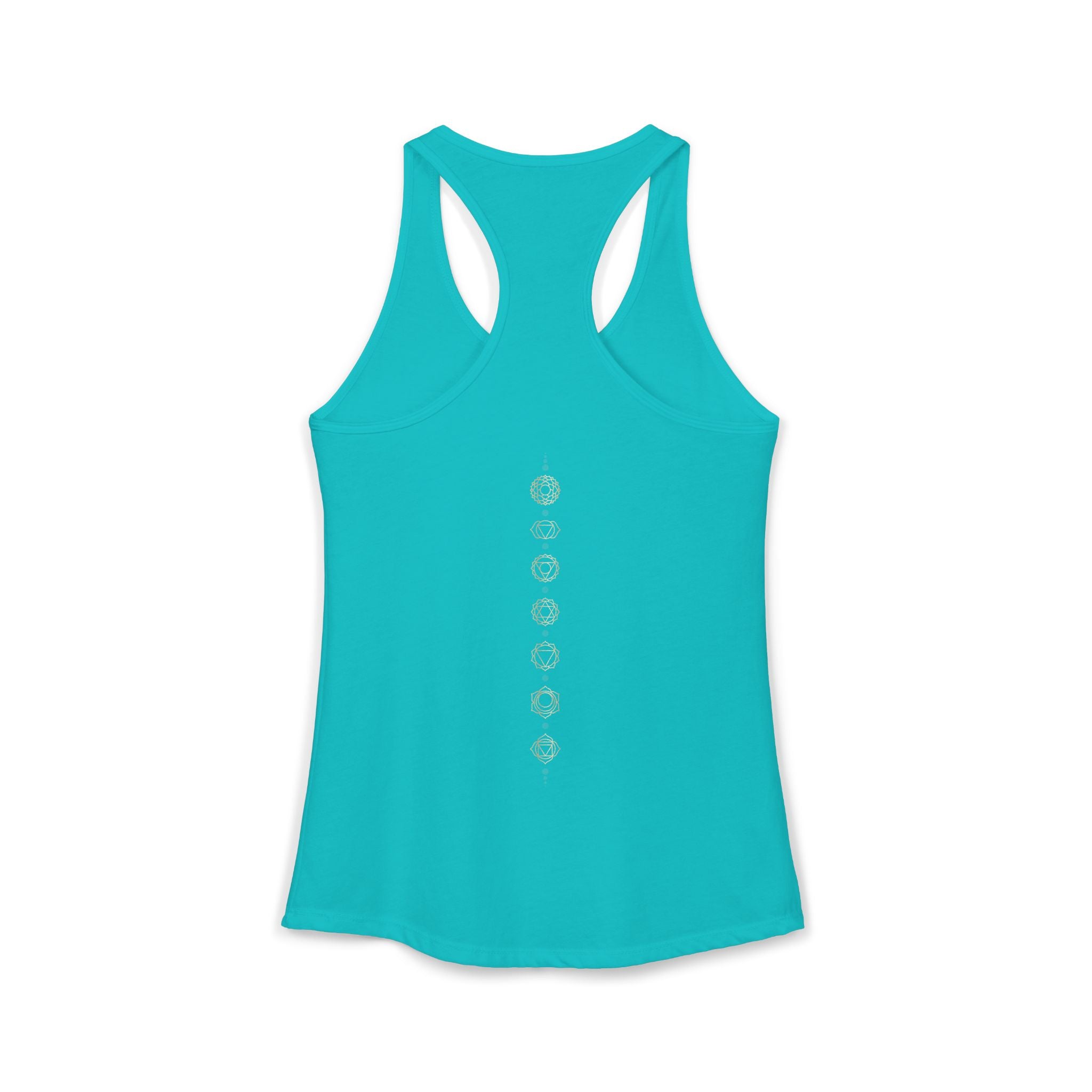 Back of a racerback tank showing seven chakra symbols down the spine