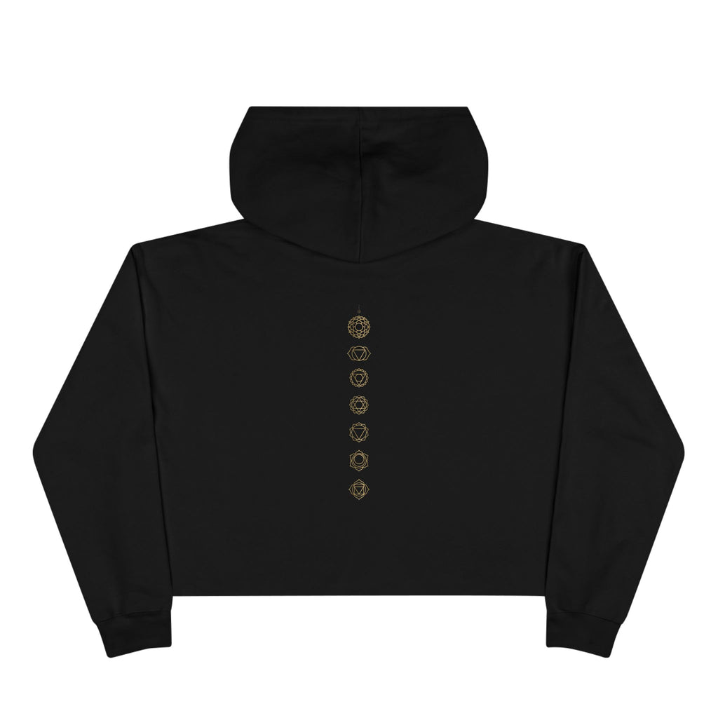 Back of a crop hoodie showing seven chakra symbols down the spine
