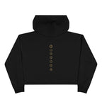 Back of a crop hoodie showing seven chakra symbols down the spine