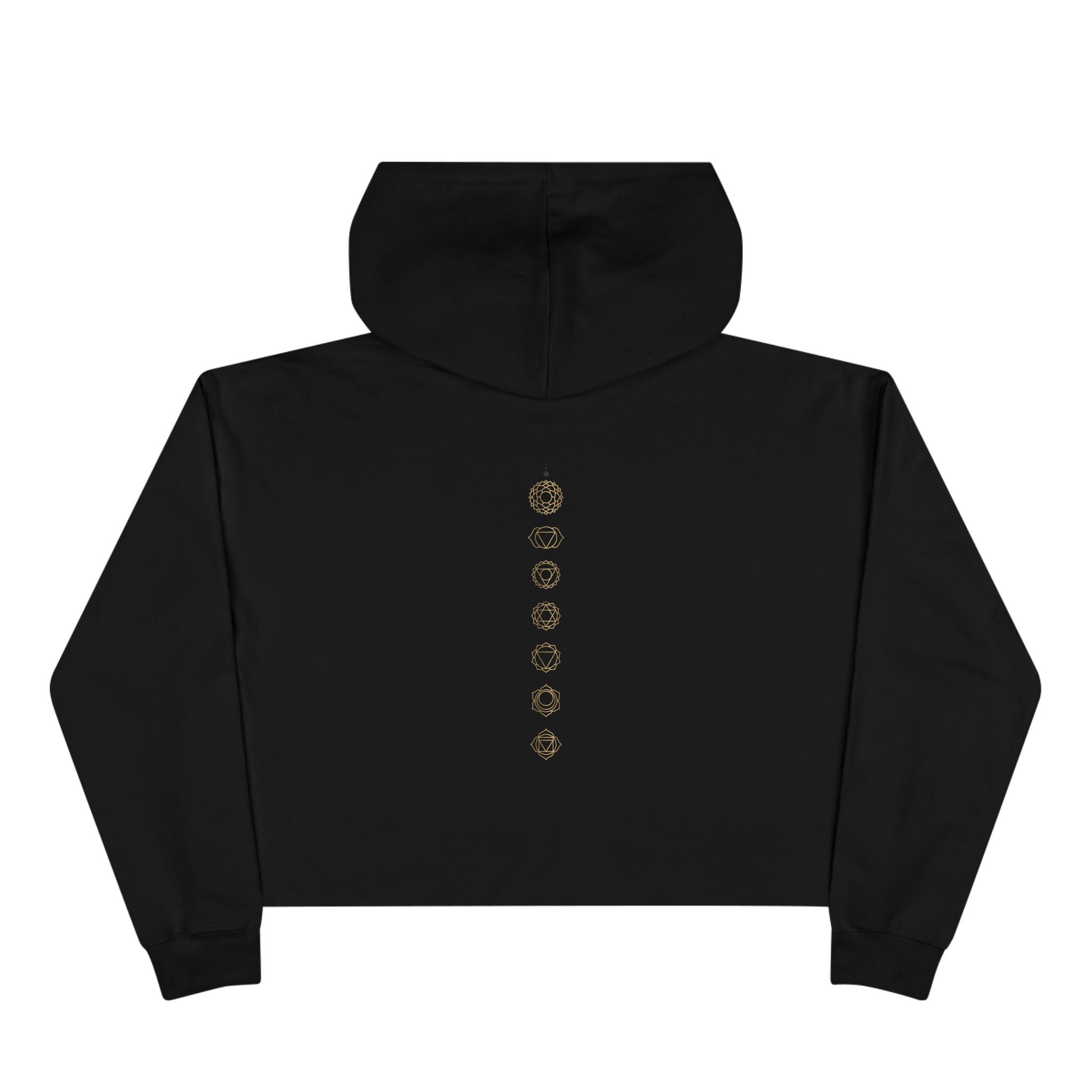 Back of a crop hoodie showing seven chakra symbols down the spine