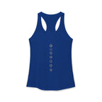 Back of a racerback tank showing seven chakra symbols down the spine