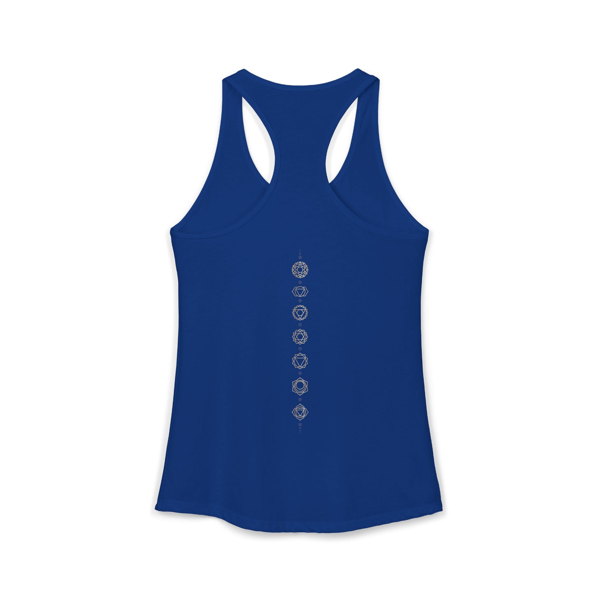 Back of a racerback tank showing seven chakra symbols down the spine