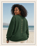 Back of a crewneck showing seven chakra symbols down the spine