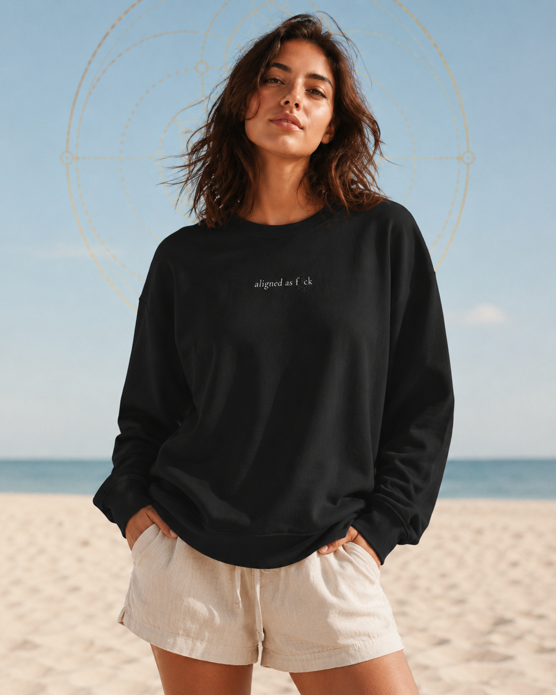 Front of a crewneck showing a sacred geometry symbol in the front aligned AF