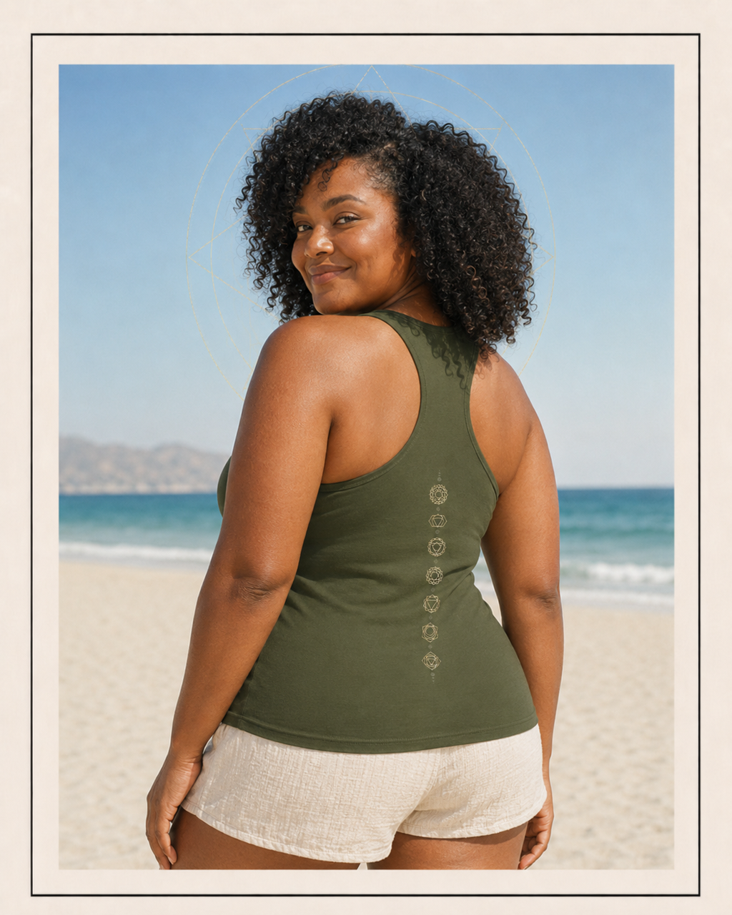 Back of a racerback tank showing seven chakra symbols down the spine