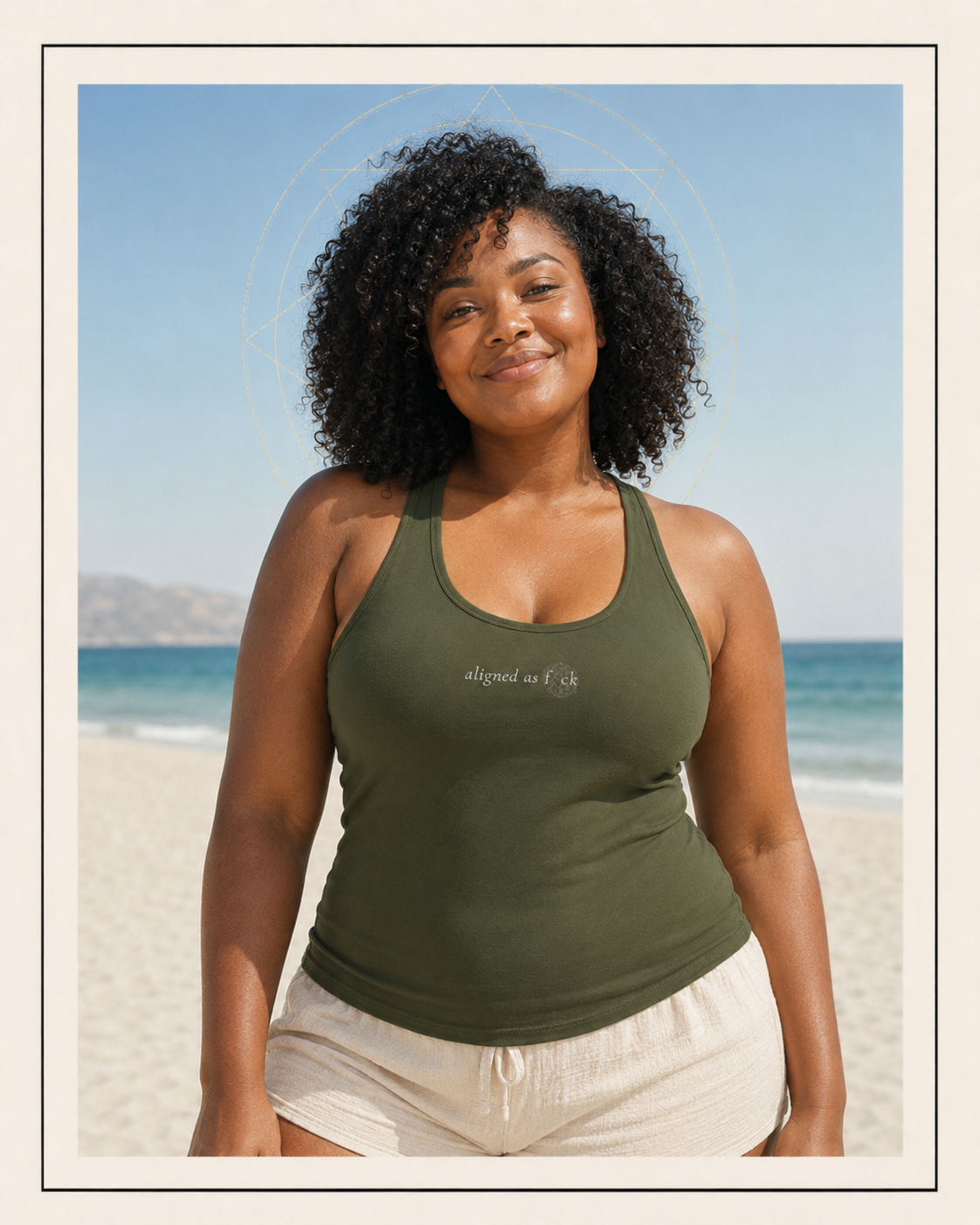 Front of a racerback tank showing a sacred geometry symbol in the front aligned AF