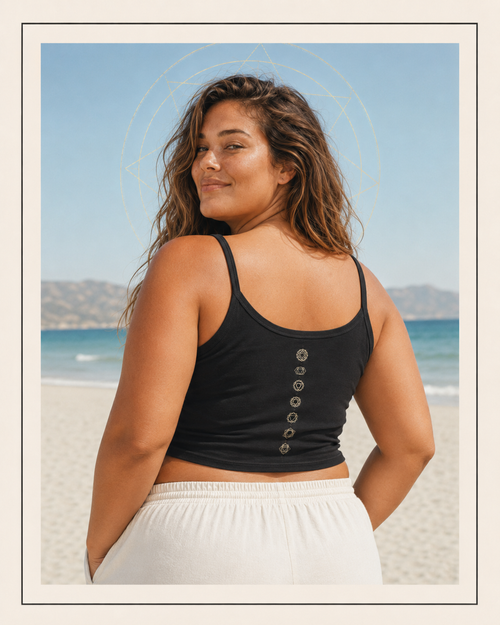 Back of a ribbed tank showing seven chakra symbols down the spine