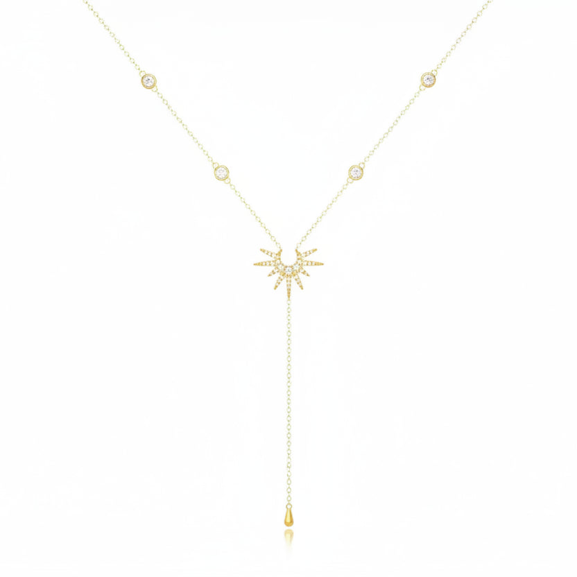 Gold necklace with star pendant and measurement details on a white background