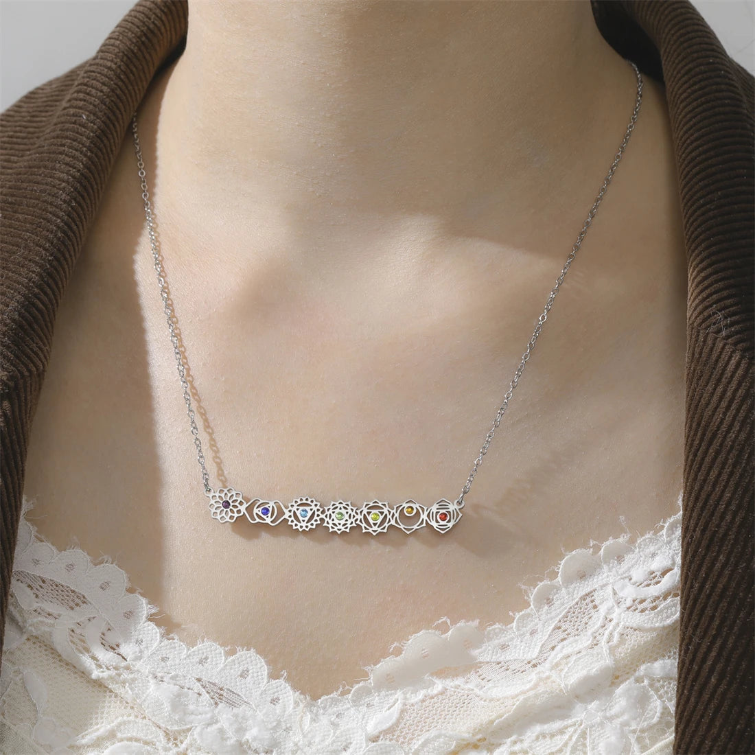 Rainbow Chakra Crystal Bar Necklace