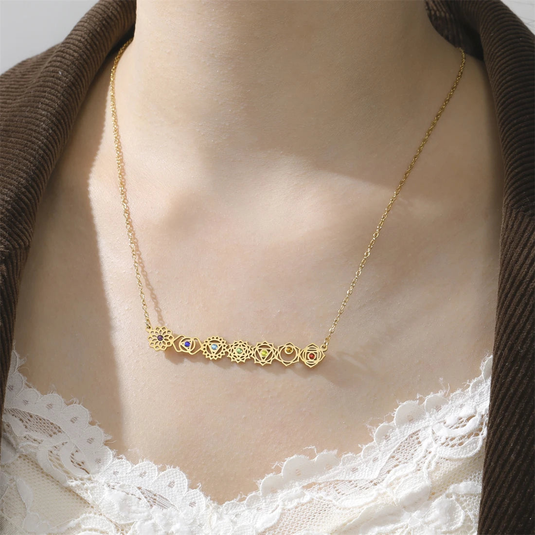 Rainbow Chakra Crystal Bar Necklace