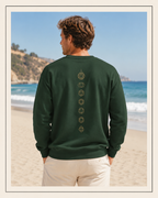 Back of a crewneck showing seven chakra symbols down the spine