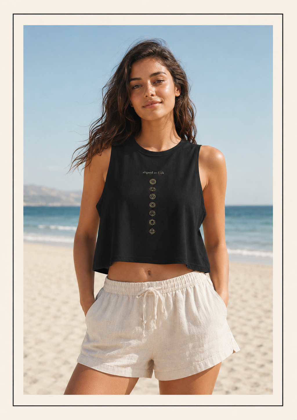 Front of a crop top showing a sacred geometry and chakra symbols in the front aligned AF