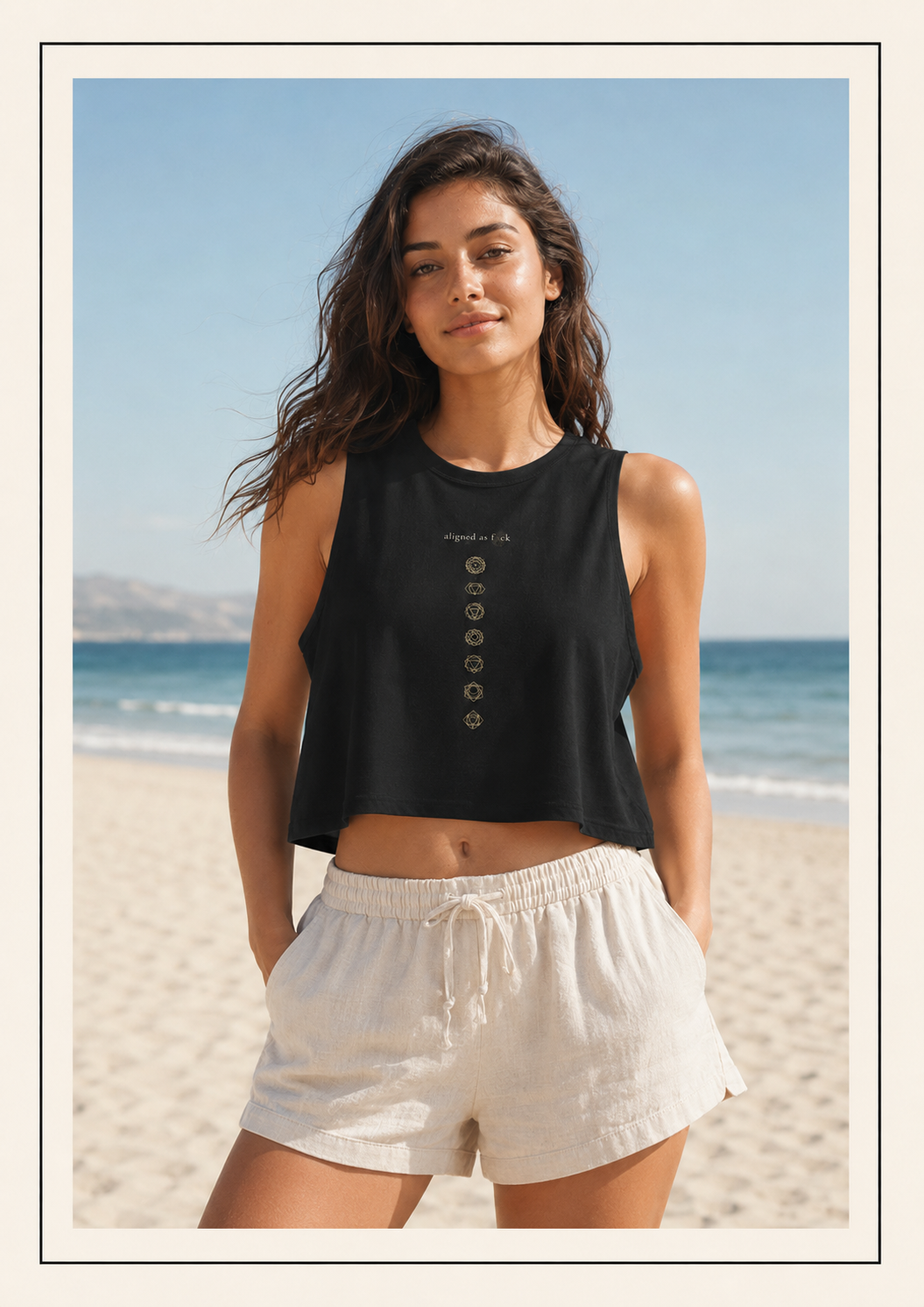 Front of a crop top showing a sacred geometry and chakra symbols in the front aligned AF