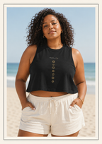 Front of a crop top showing a sacred geometry and chakra symbols in the front aligned AF