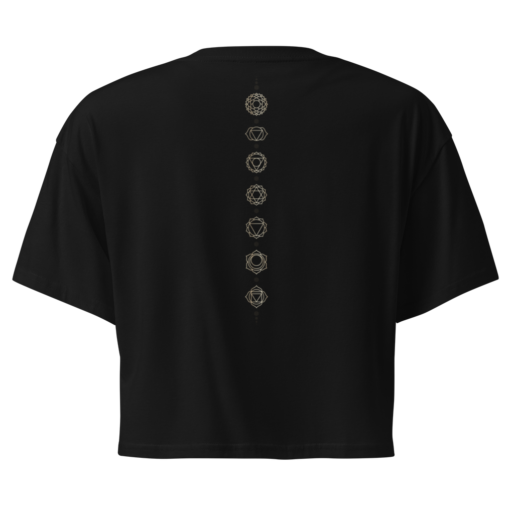 Back of a crop tee showing seven chakra symbols down the spine