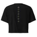 Back of a crop tee showing seven chakra symbols down the spine