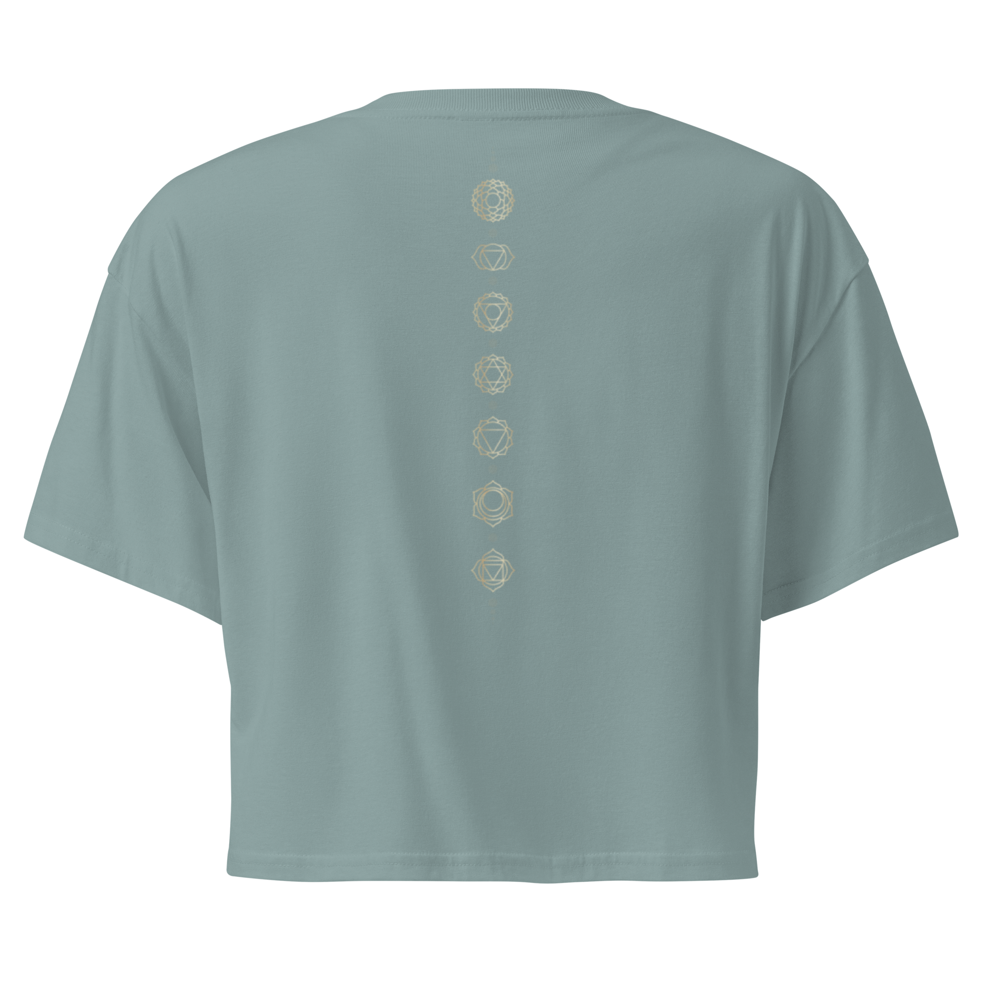 Back of a crop tee showing seven chakra symbols down the spine