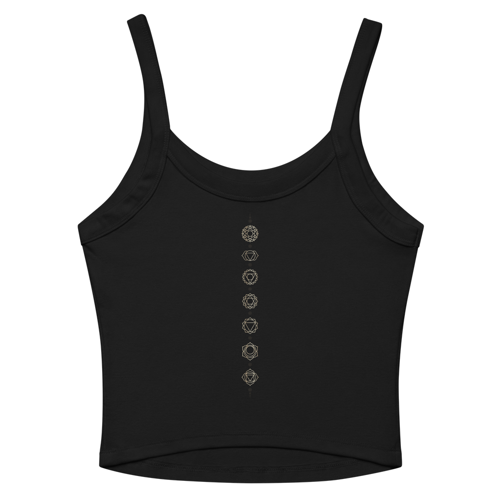 Back of a ribbed tank showing seven chakra symbols down the spine